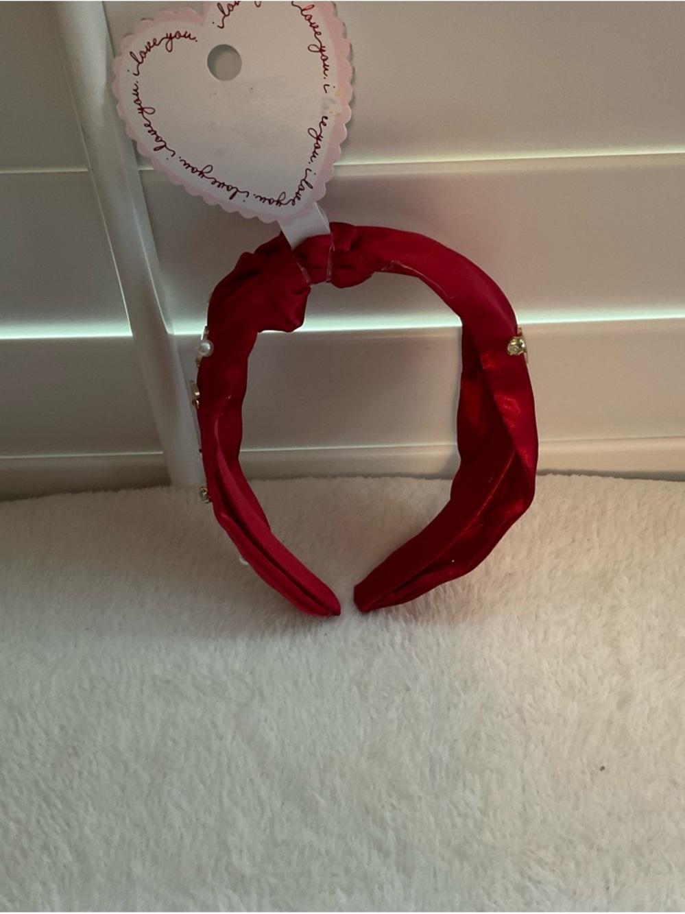 Primark Red Satin Knotted Headband with Pearl & Gold Details